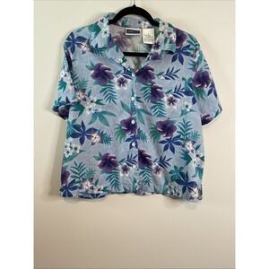 Erika & Co L Floral Camp Shirt Blue Purple Button Front Resort Vacation Blouse